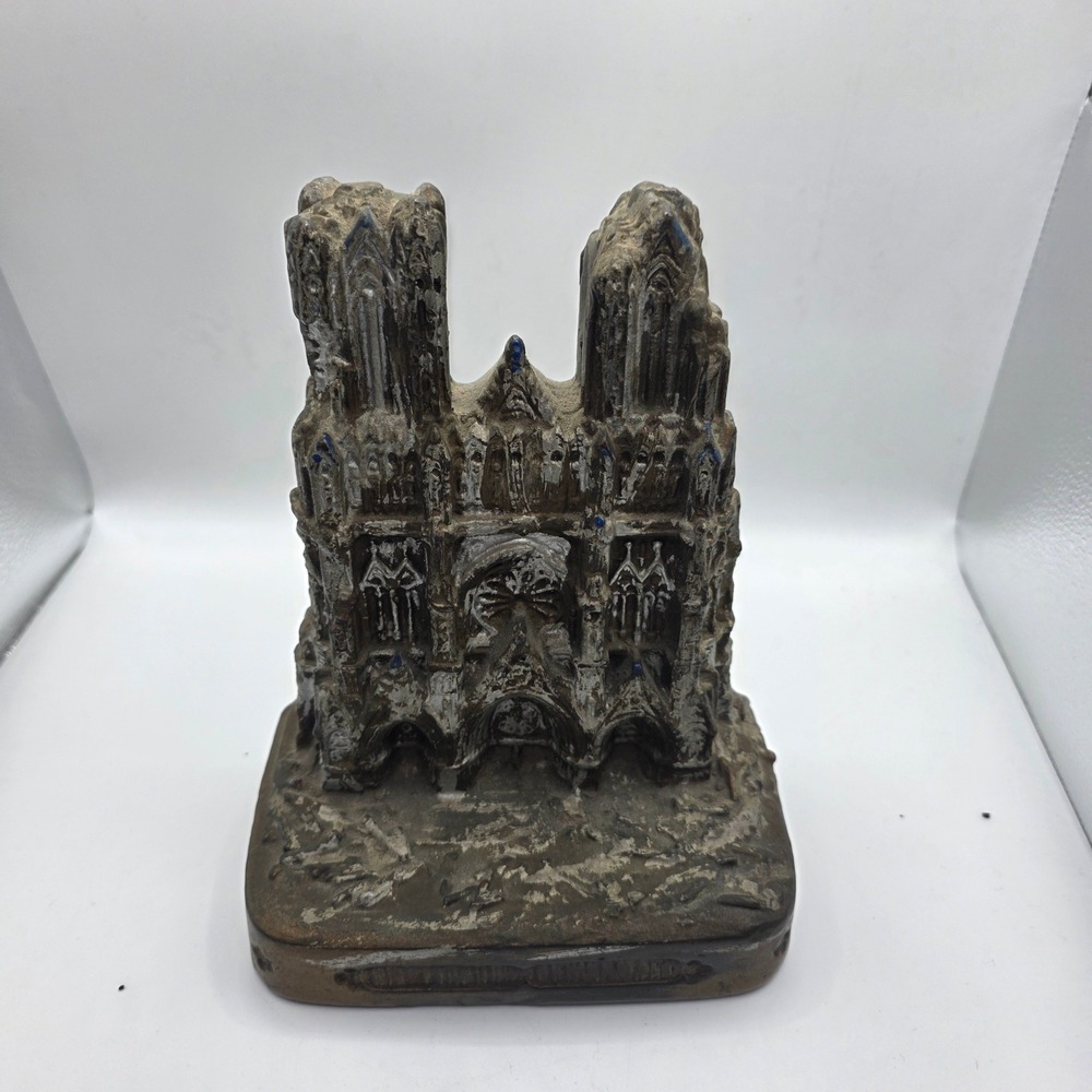Antique 1918 Rheims Cathedral WWI Cast Metal Souvenir Bookend Reims France